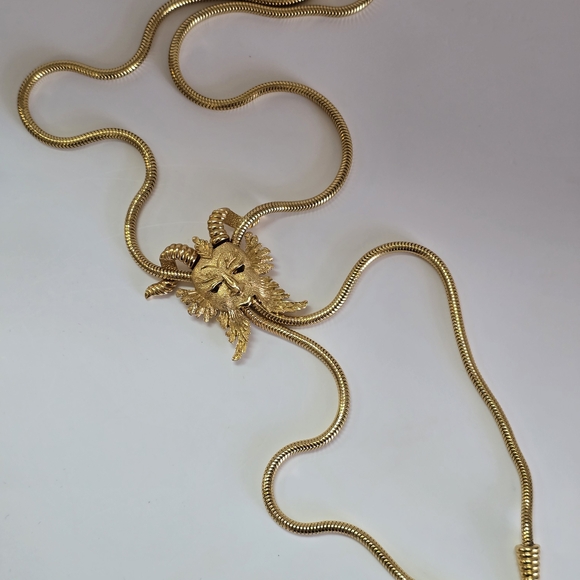Vintage Crown horned mask Trifari Lariat Necklace Gold Double Pendant Bolo